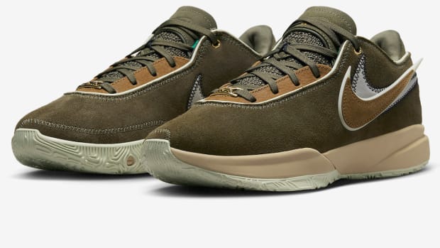 View of olive and brown LeBron shoes.